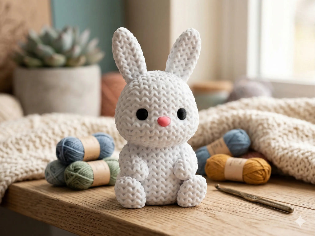 White knitted textured 3D printed bunny figure/ key tag on a wooden surface with yarn and a crochet hook.