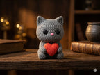 Knitted textured 3D printed cat Figure/ key tag with a red heart on a wooden surface