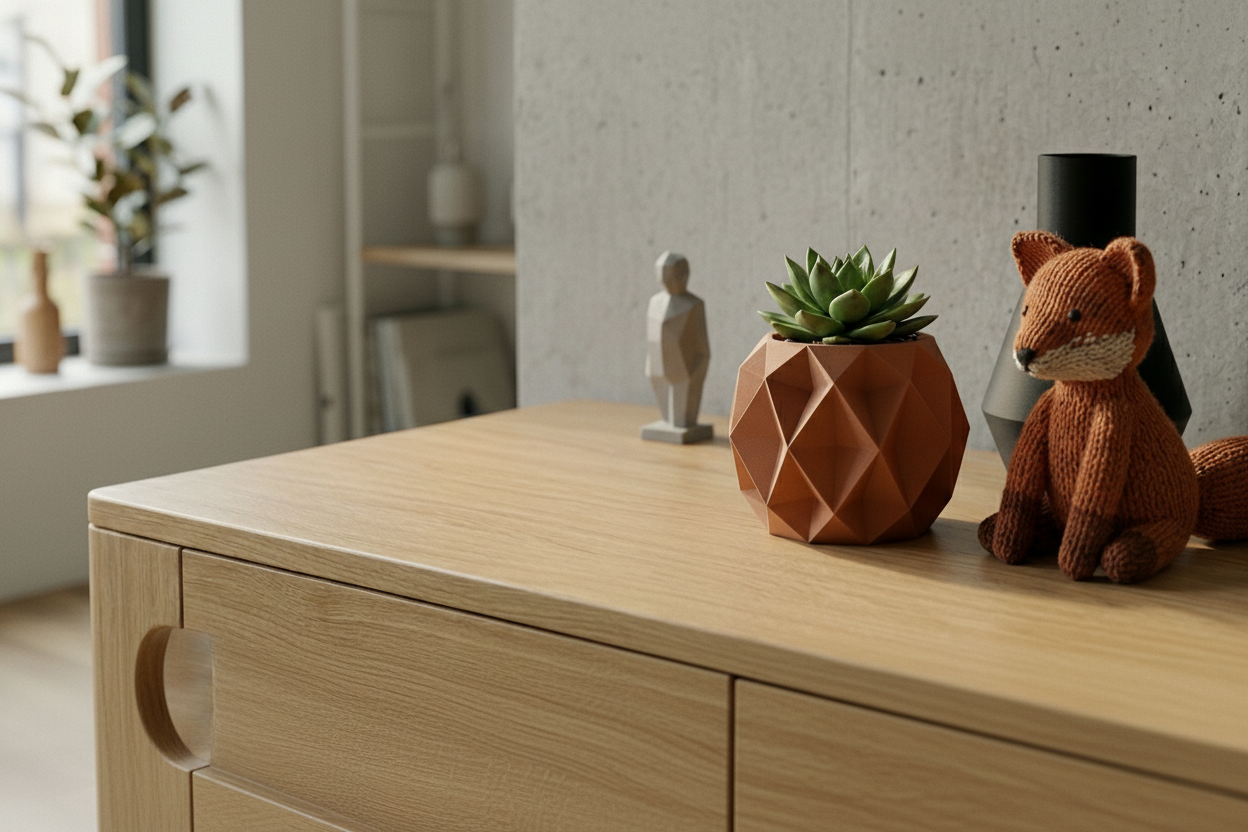 Decorative items including a fox figurine and a geometric pot with a plant on a wooden table.