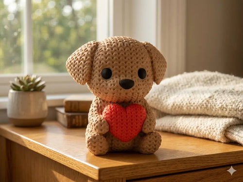 Knitted textured 3D printed dog Figure/ key tag with a red heart on a wooden surface near a window.