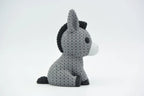 Grey coloured knitted textured 3D printed Donkey with heart figure/ key tag on a white background facing sideways