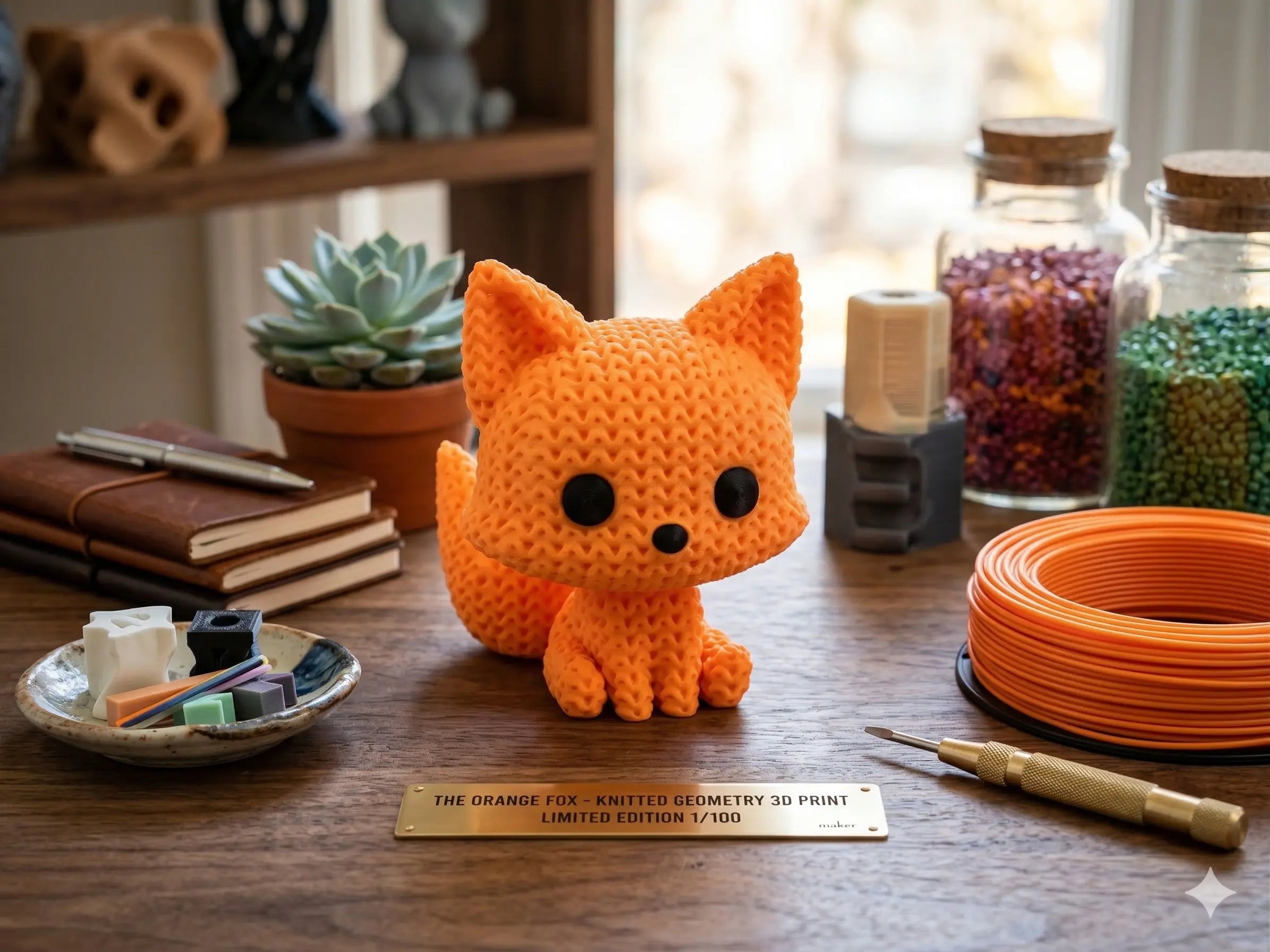 knitted textured 3D printed orange fox figure/ key tag on a wooden table with tools and materials.