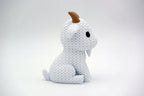 White knitted textured 3D printed Goat figure/ key tag on a white background facing side ways
