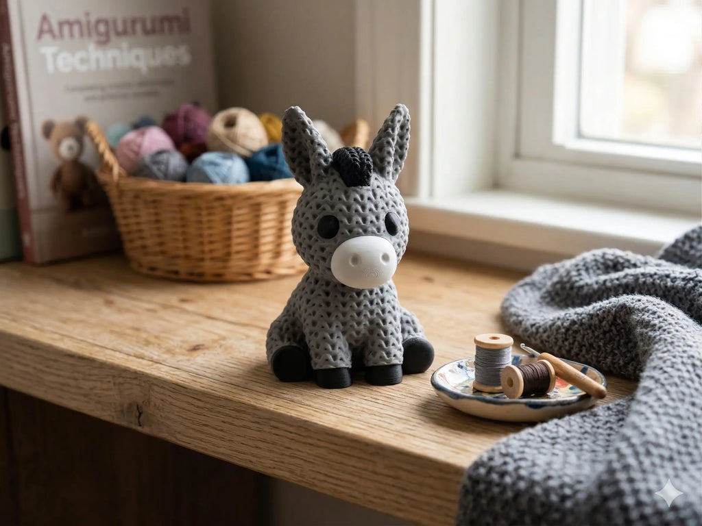 Knitted Textured 3D printed donkey Figure/ key tag on a wooden surface with yarn and tools in the background.