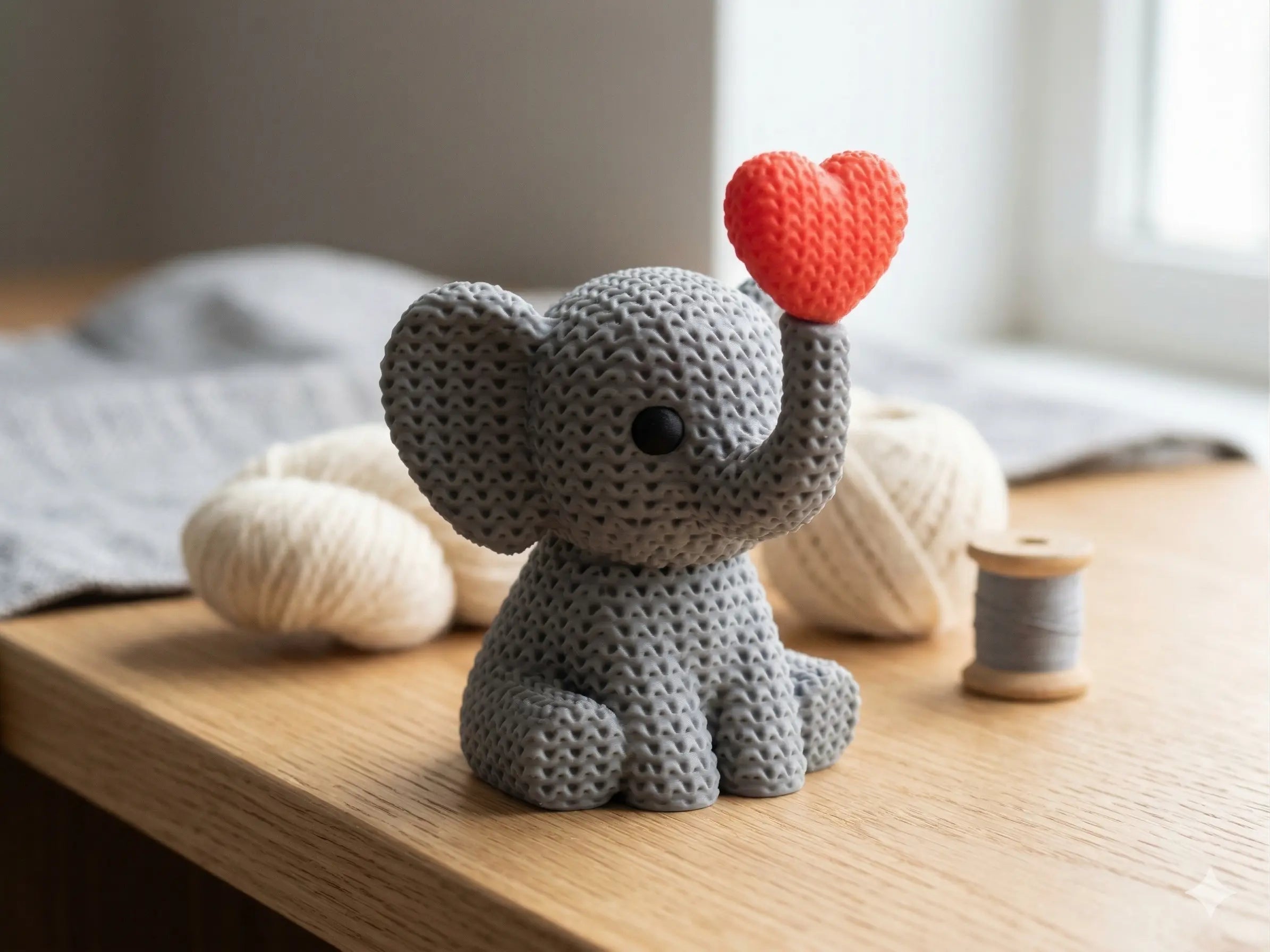 Knitted textured 3D printed elephant Figure/ key tag with a red heart on a wooden surface