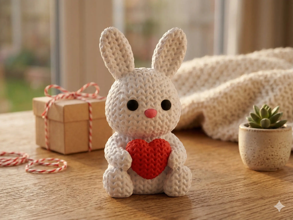 knitted textured 3D printed bunny with a red heart on a wooden surface with a blurred background