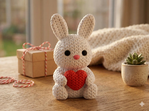 knitted textured 3D printed bunny with a red heart on a wooden surface with a blurred background