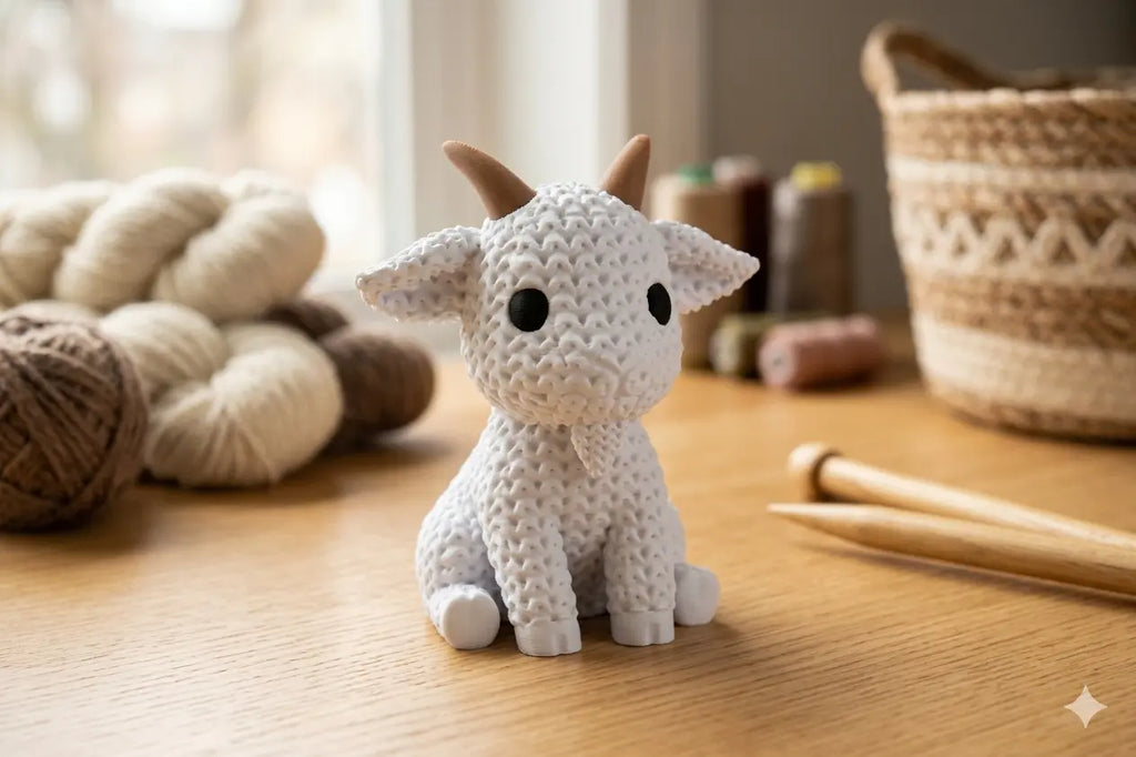 White knitted textured 3D printed Goat Figure/ Key tag on a wooden surface with yarn and knitting tools in the background