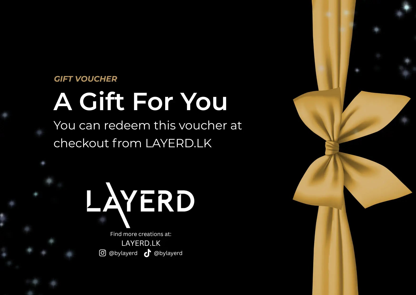 Gift voucher with a gold bow on a black background, featuring the Layerd brand.