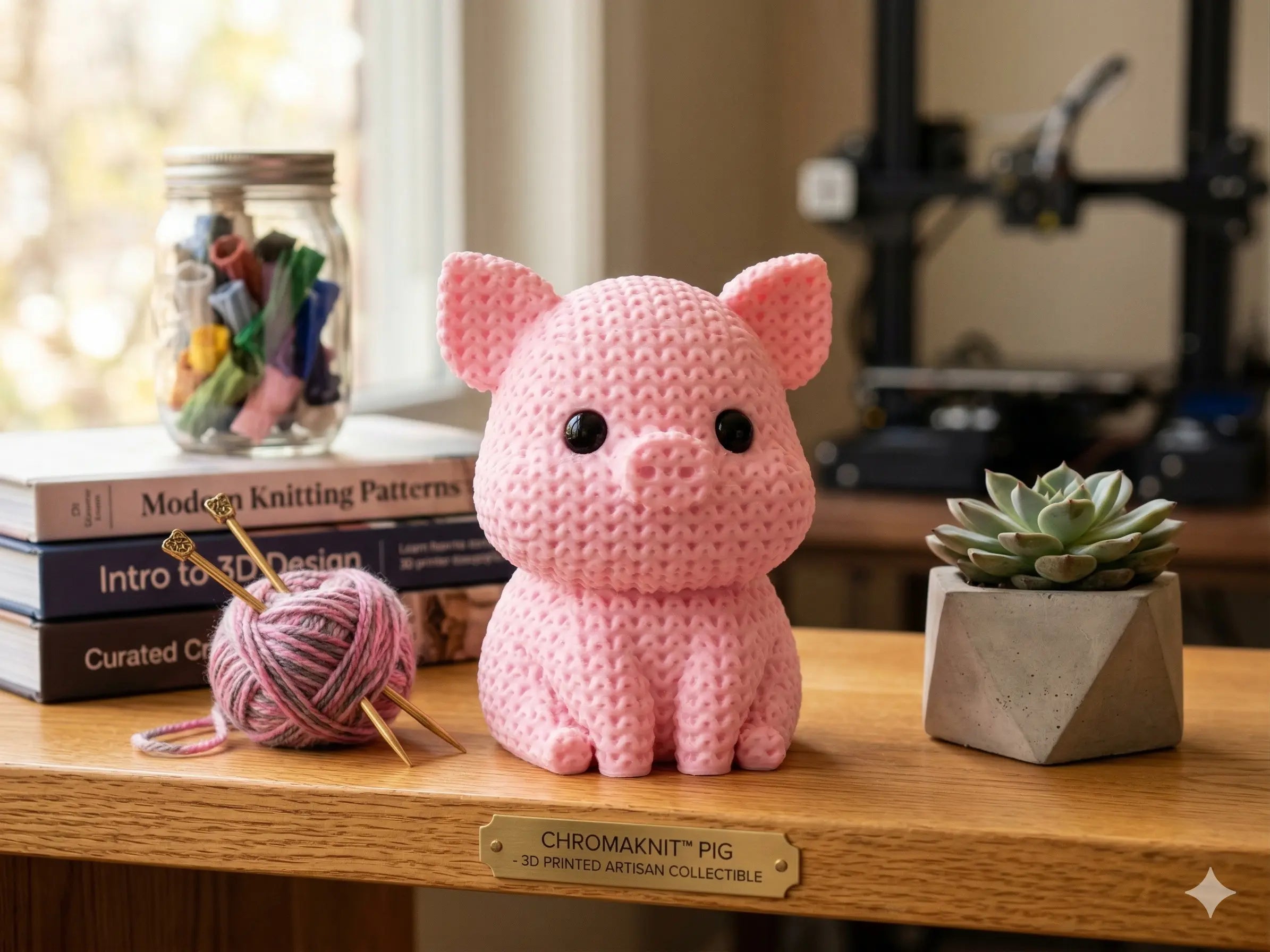 Pink knitted textured 3D printed pig figure/ key tag on a wooden surface with yarn and knitting needles, in a home setting.