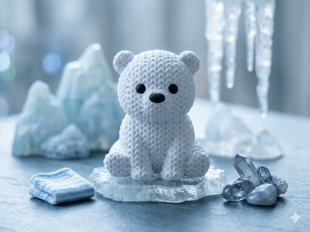 Knitted textured 3D printed polar bear Figure/ key tag on a icy surface with ice crystals and blurred trees in the background