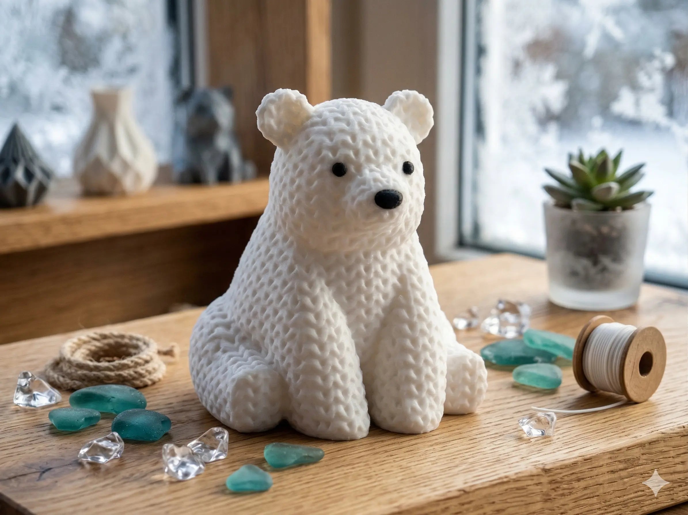 Knitted polar bear figure/ key tag on a wooden surface with decorative items