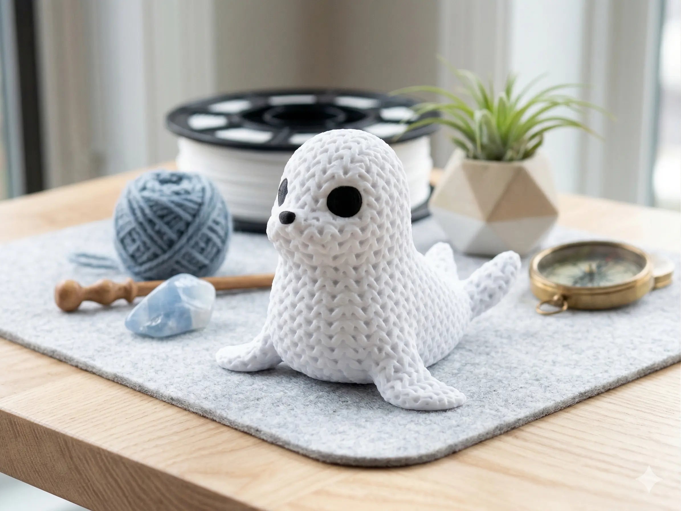 knitted textured 3D printed seal figure/ key tag on a wooden table with yarn and tools.