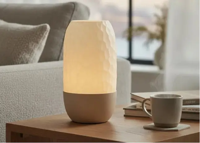 Table lamp on a wooden side table in a living room setting