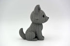 Grey knitted textured 3D printed Wolf figure/ key tag on a white background facing side ways