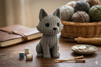 Knitted Textured 3D printed dog Figure/ key tag on a wooden table with yarn balls and tools in the background
