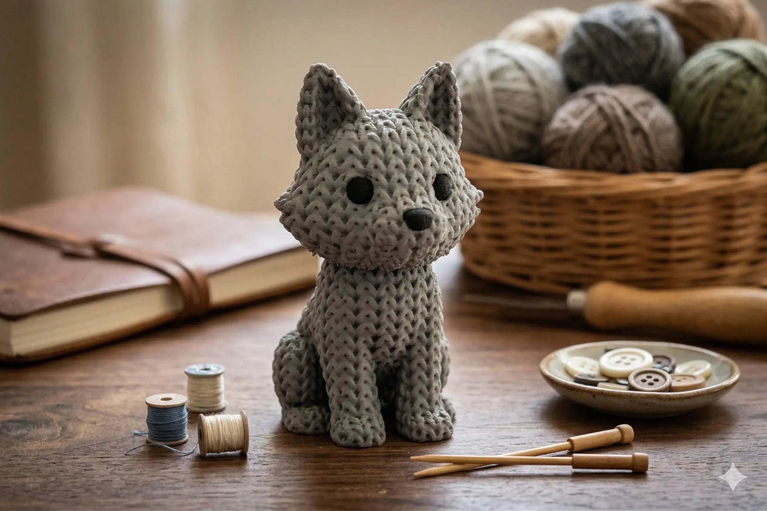 Knitted Textured 3D printed dog Figure/ key tag on a wooden table with yarn balls and tools in the background
